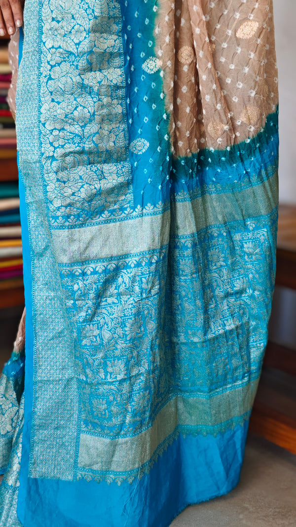 Golden Beige and Blue Organza Bandhani Saree - YK25