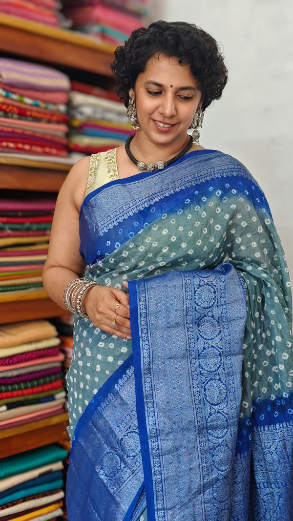 French Gray and Royal Blue Organza Bandhani Saree - YK25