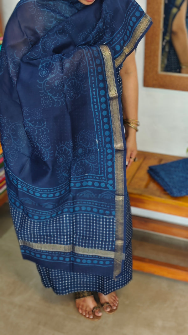 Indigo Block Printed Maheshwari Suit - SL291