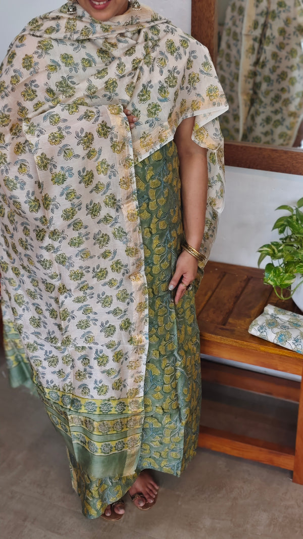Green and Cream Block Printed Maheshwari Suit - SL291
