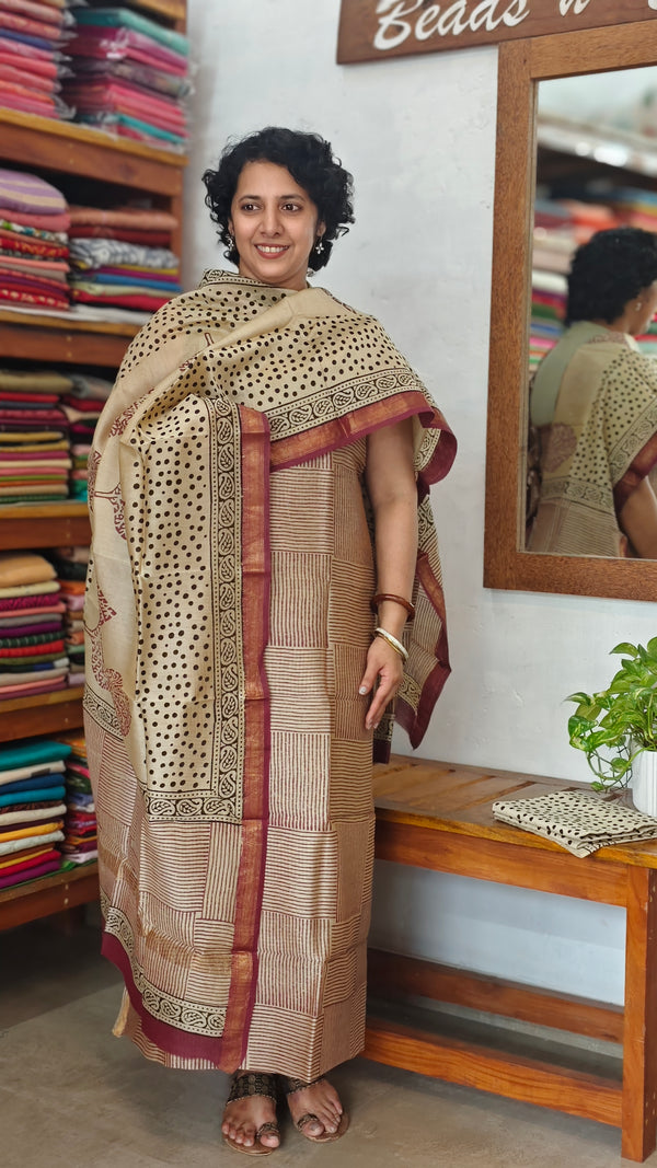 Mauve and Beige Block Printed Maheshwari Suit - SL291