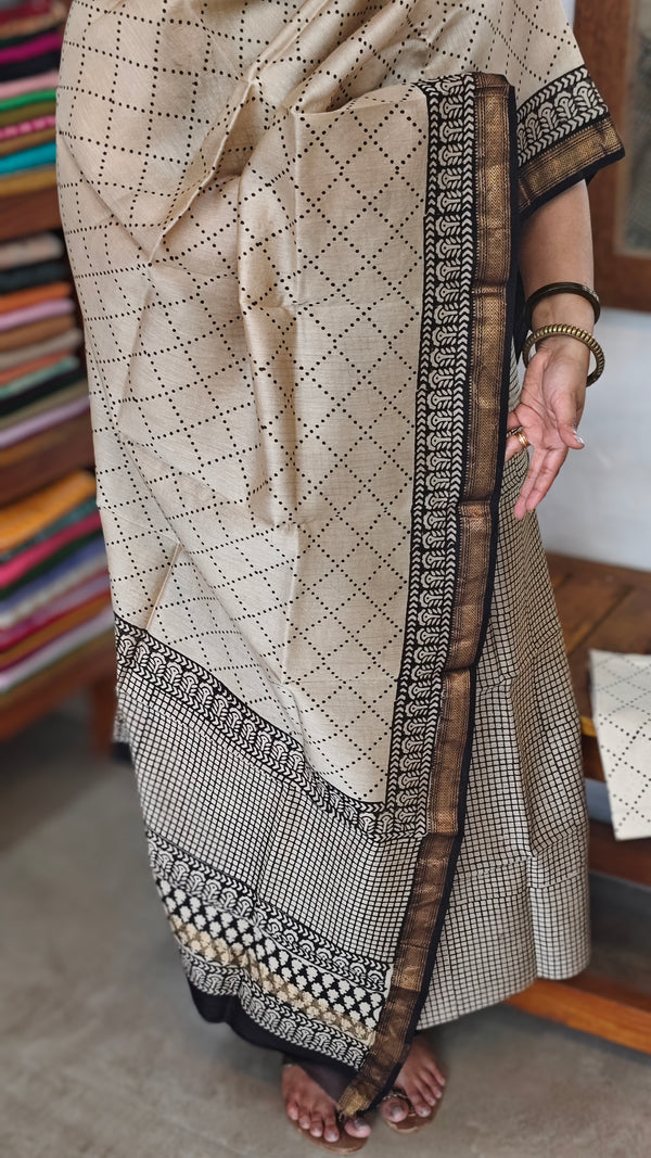 Black and Beige Geometric Block Printed Maheshwari Suit - SL291