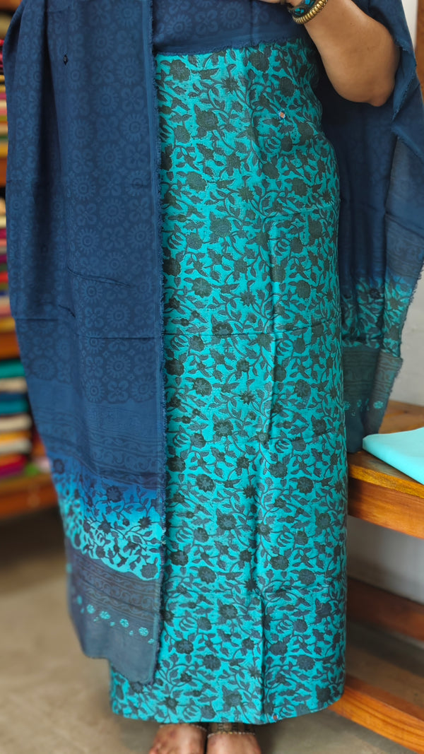 Cyan Blue and Navy Blue Block Printed Modal Cotton Suit