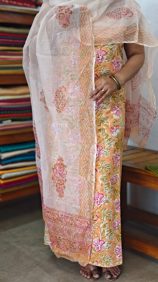 Peach Cotton Suit with Kota Doria Dupatta