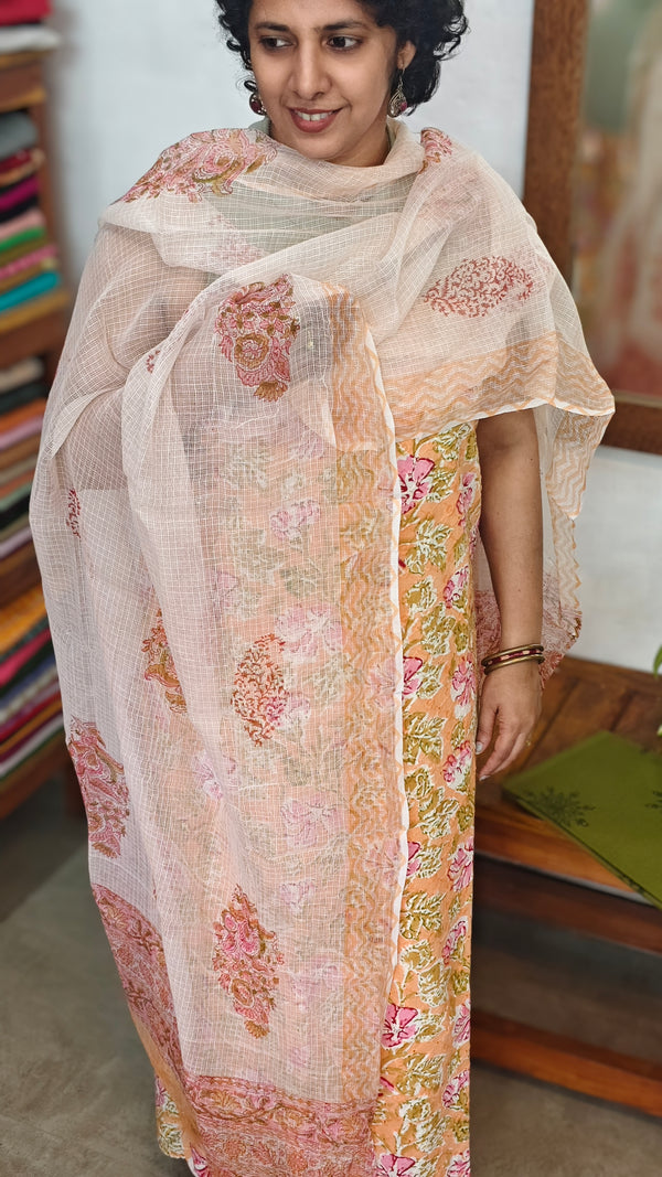 Peach Cotton Suit with Kota Doria Dupatta