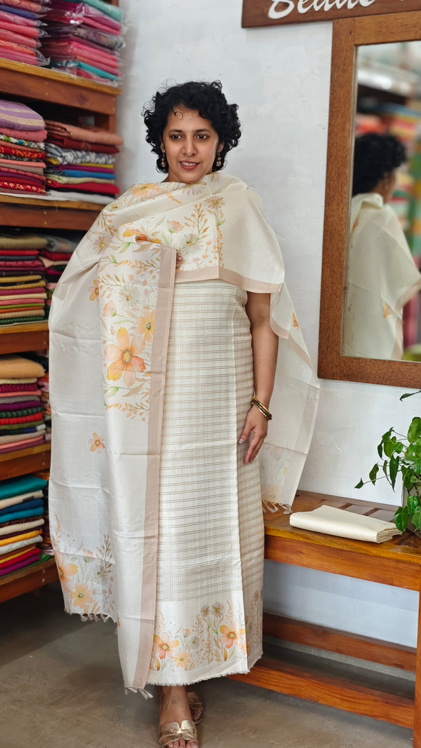 Cream and Gold Semi Silk Zari Checked Suit - D4 - CSU7