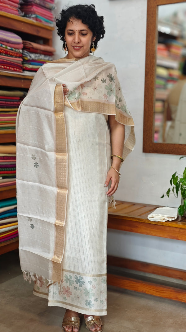 Cream and Gold Zari Striped Semi Silk Suit - D5 - CSU7