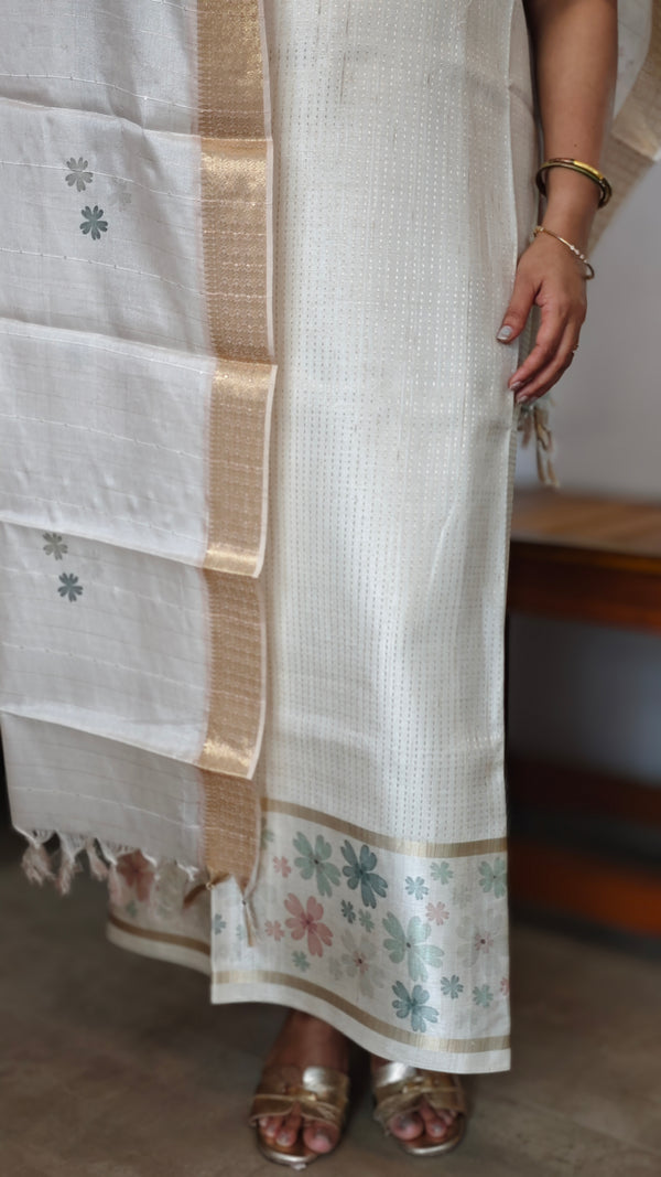 Cream and Gold Zari Striped Semi Silk Suit - D5 - CSU7