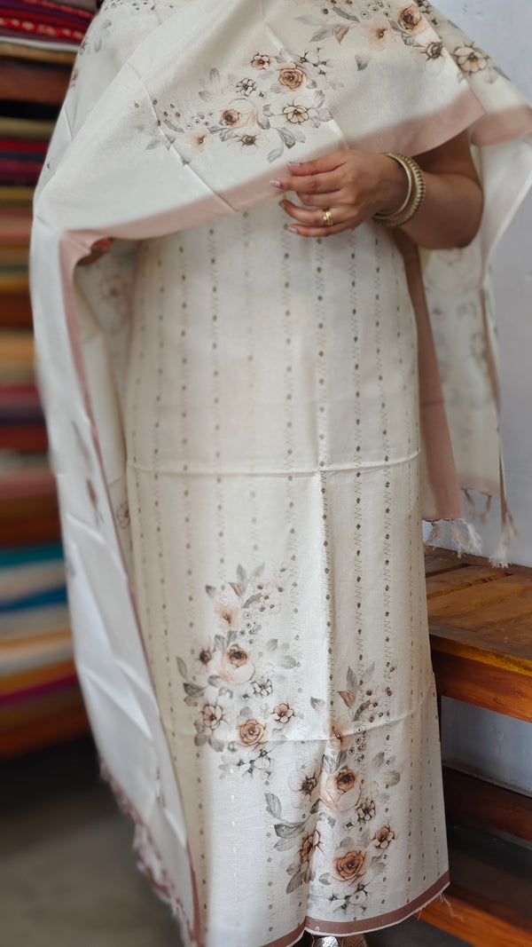 Cream and Gold Zari woven Semi Silk Suit - D7 - CSU7