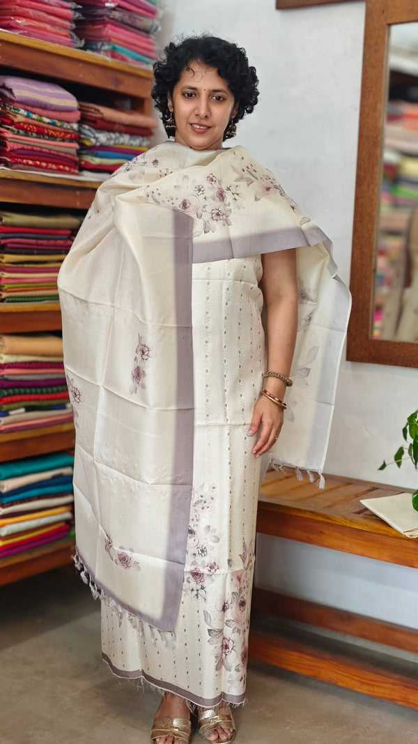 Cream and Gold Zari Woven Semi Silk Suit - D8 - CSU7