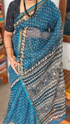 SQ39 - Blue Hand Block Printed Kota Doria Saree