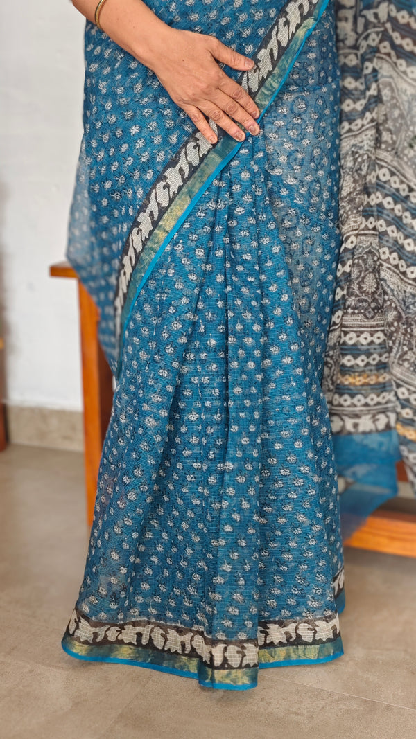 SQ39 - Blue Hand Block Printed Kota Doria Saree