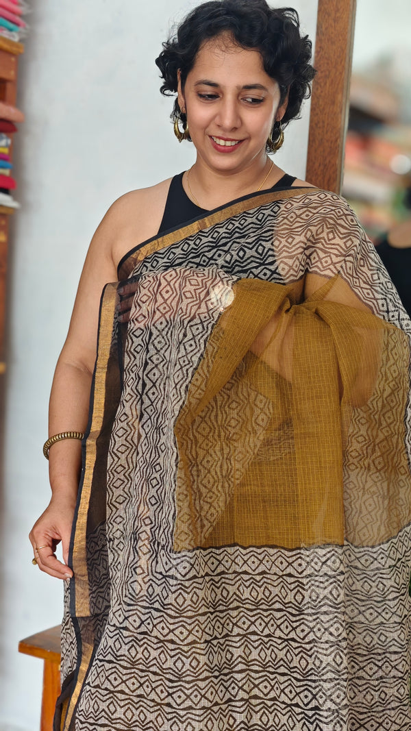 SQ39 - Mustard Hand Block Printed Kota Doria Saree
