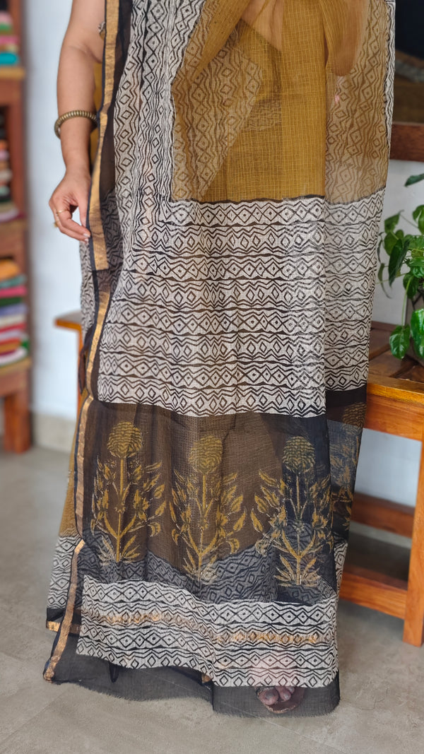 SQ39 - Mustard Hand Block Printed Kota Doria Saree