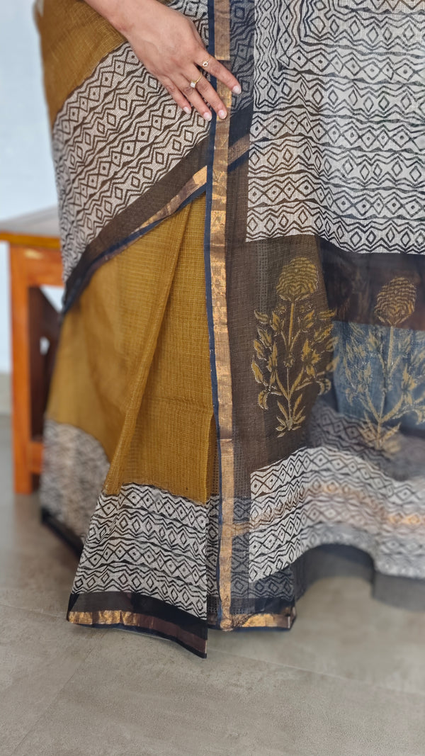 SQ39 - Mustard Hand Block Printed Kota Doria Saree