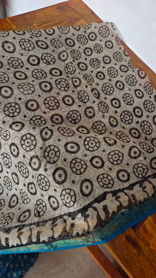SQ39 - Blue Hand Block Printed Kota Doria Saree