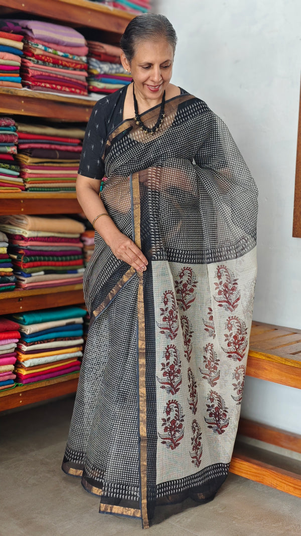 SQ39 - Black Hand Block Printed Kota Doria Saree