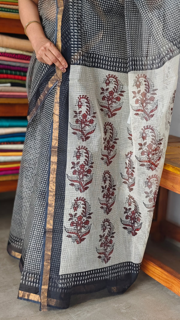 SQ39 - Black Hand Block Printed Kota Doria Saree