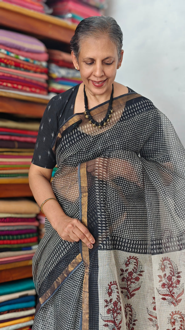 SQ39 - Black Hand Block Printed Kota Doria Saree