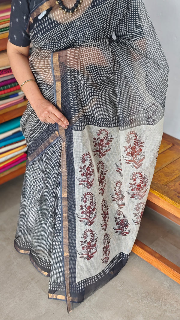 SQ39 - Black Hand Block Printed Kota Doria Saree