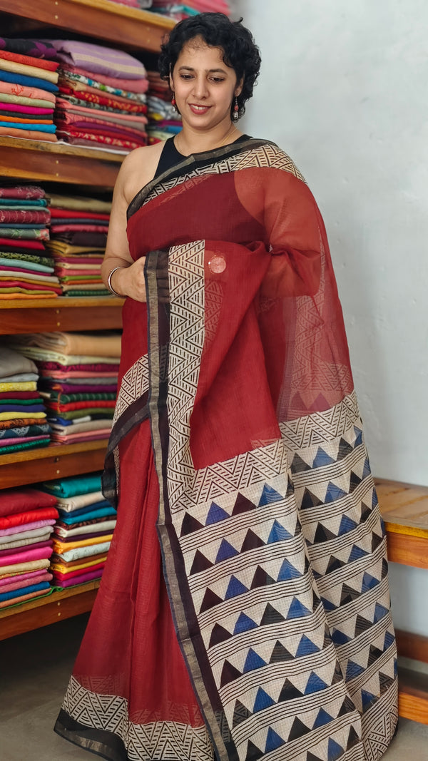 SQ39 - Maroon and Black Hand Block Printed Kota Doria Saree