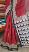 SQ39 - Maroon and Black Hand Block Printed Kota Doria Saree