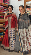 SQ39 - Maroon and Black Hand Block Printed Kota Doria Saree
