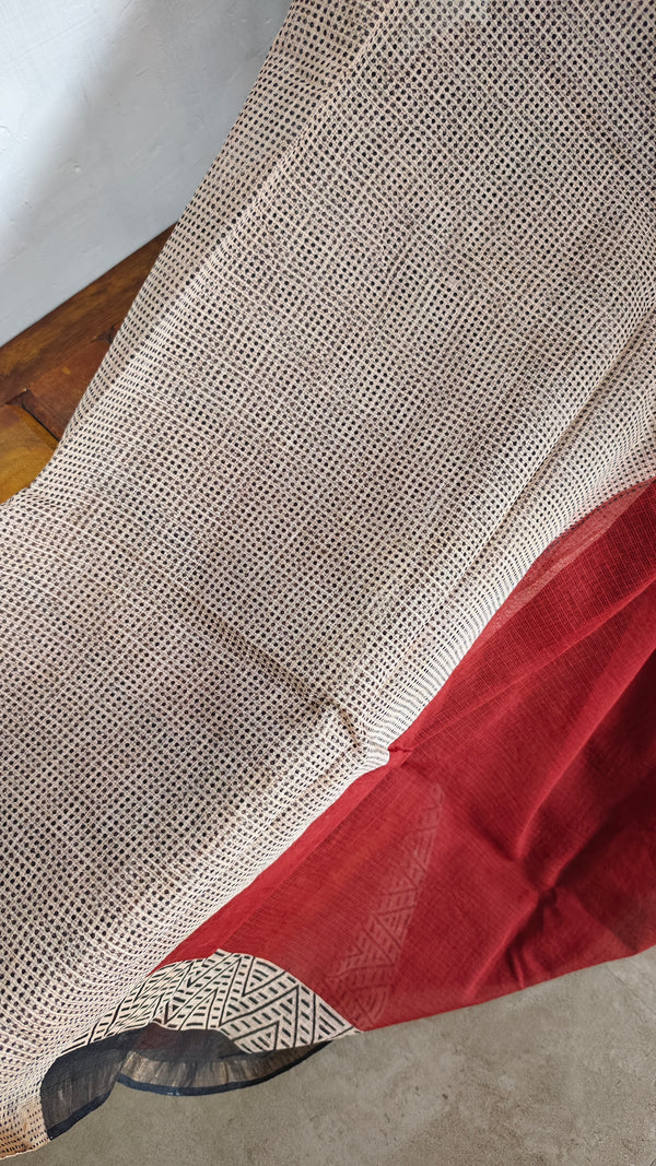 SQ39 - Maroon and Black Hand Block Printed Kota Doria Saree