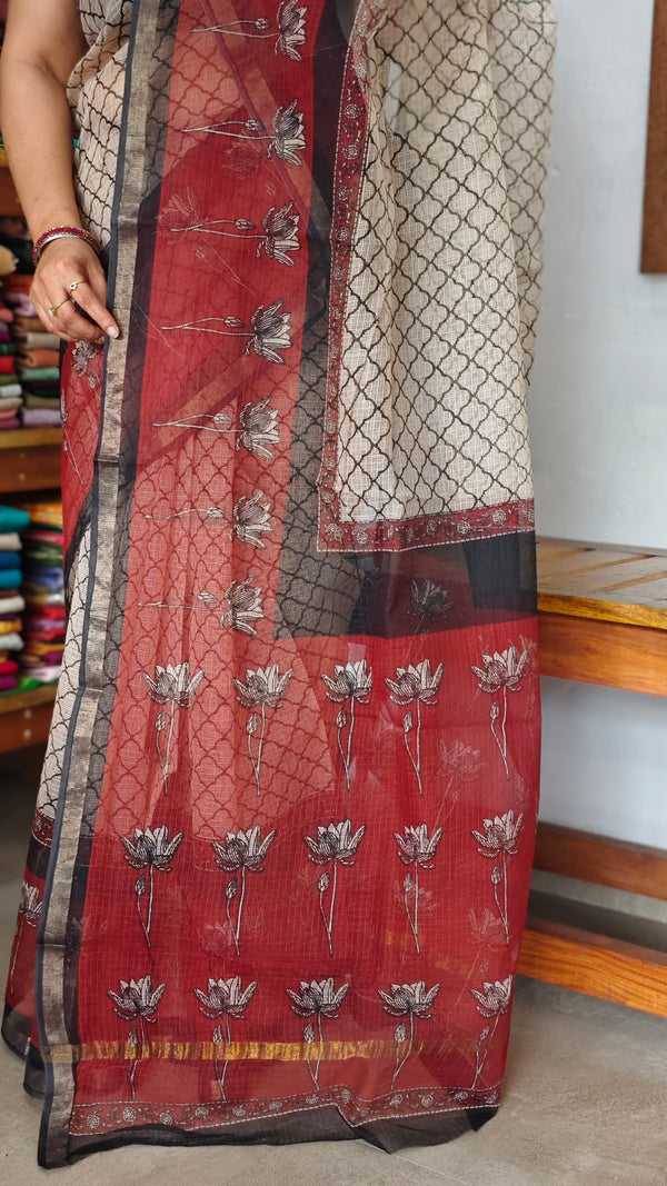 SQ39 - Cream and Red Hand Block Printed Kota Doria Saree