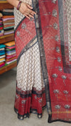 SQ39 - Cream and Red Hand Block Printed Kota Doria Saree