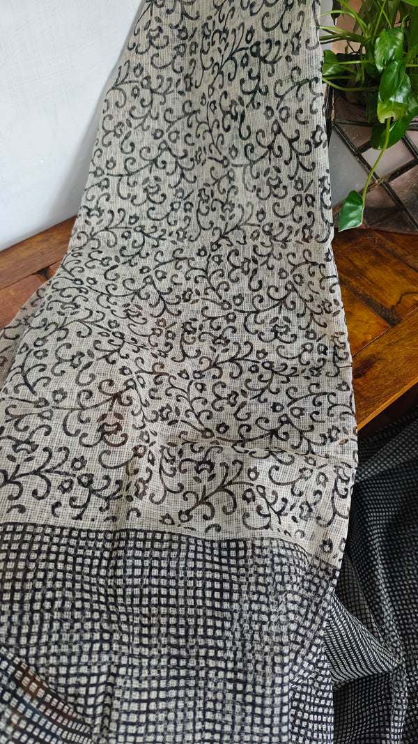 SQ39 - Cream and Red Hand Block Printed Kota Doria Saree