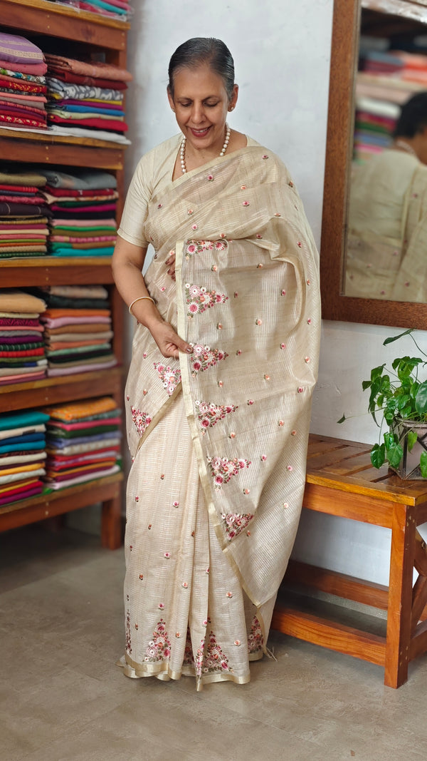 Light Beige Tissue Kota Embroidered Saree