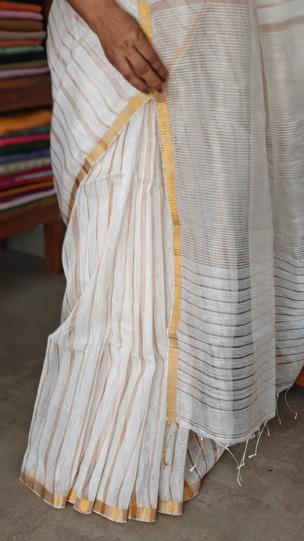 Off White and Gold Pure Linen Saree - LN26