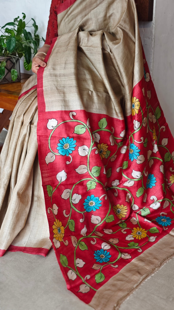 Beige Desi tussar Silk Saree with Kalamkari Pallu