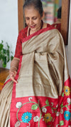 Beige Desi tussar Silk Saree with Kalamkari Pallu