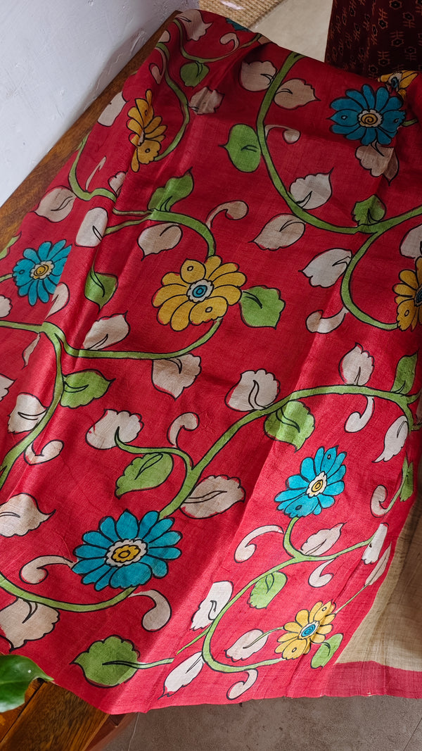 Beige Desi tussar Silk Saree with Kalamkari Pallu