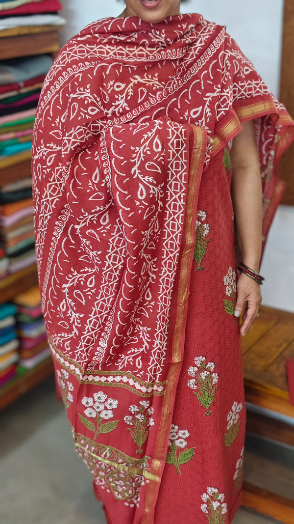 Brick Red Block Printed Cotton Hakoba Suit - 1921