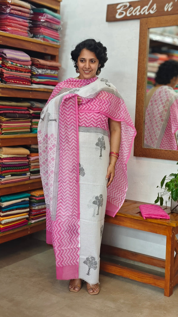 3721 - White and Pink Block Printed Kota suit
