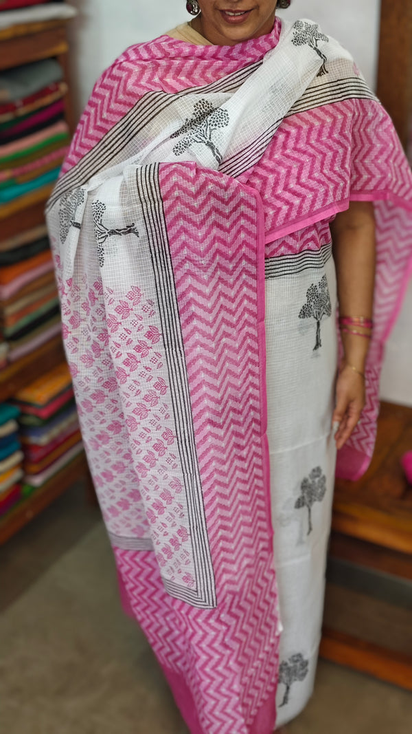 3721 - White and Pink Block Printed Kota suit