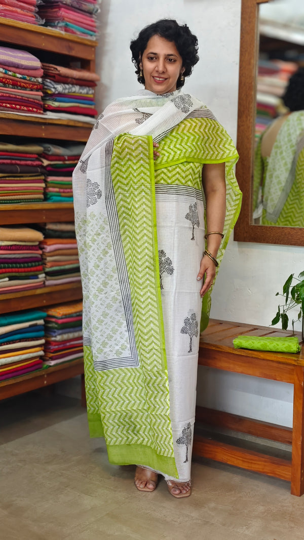 3721 - White and Green Block Printed Kota Suit