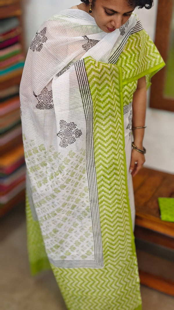 3721 - White and Green Block Printed Kota Suit