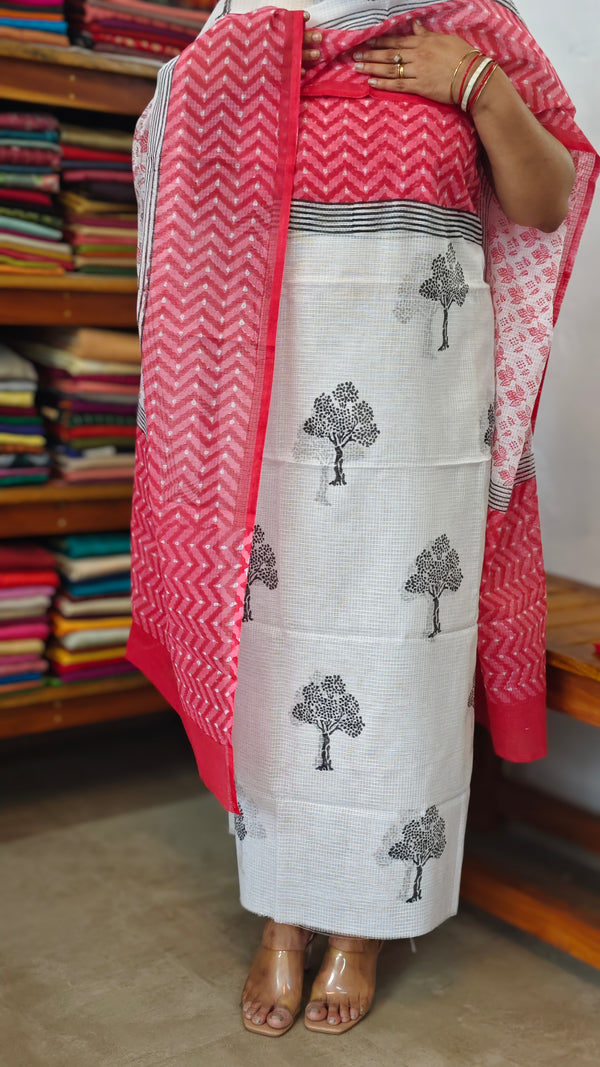 3721 - White and Red Block Printed Kota suit