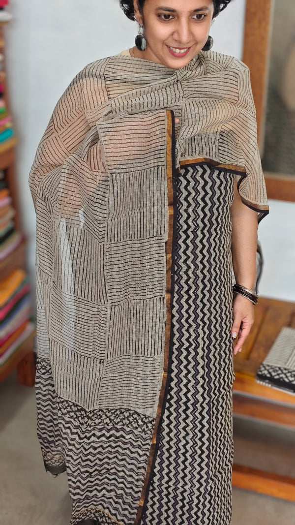 Black and Beige Block Printed Kota Doria Suit - GD331