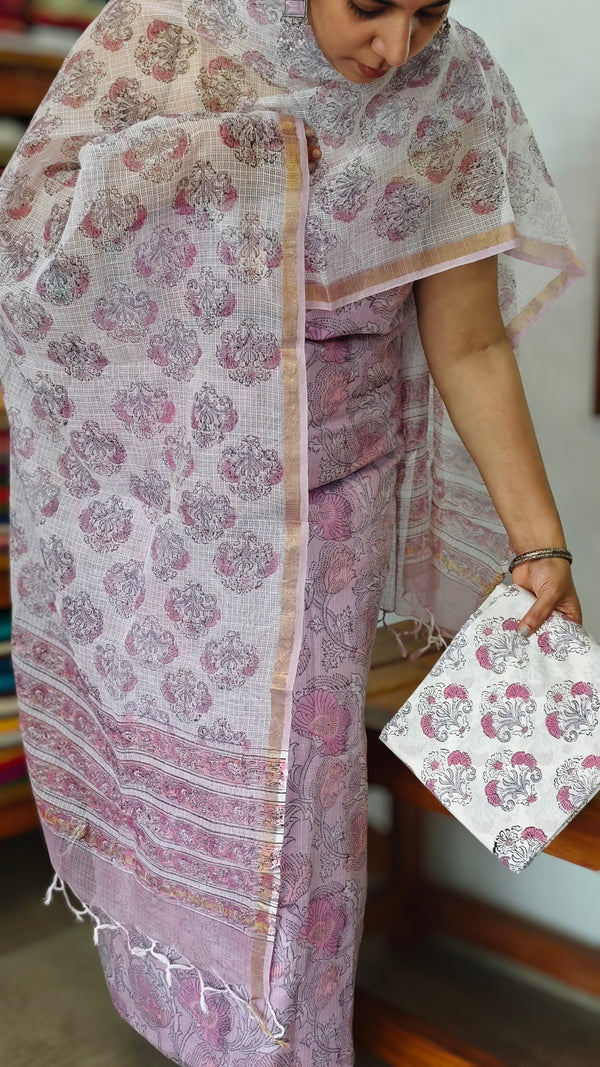 Lavender Block Printed Kota Doria Suit - GD331