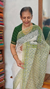 Cream and Green Block Printed Tepchi Kota Saree - B62N