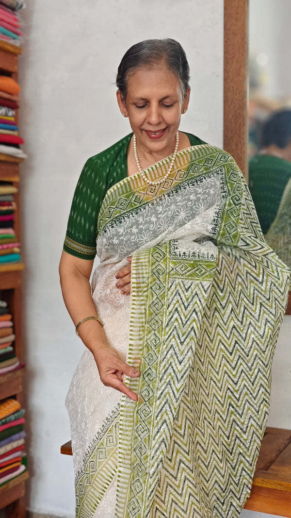 Cream and Green Block Printed Tepchi Kota Saree - B62N
