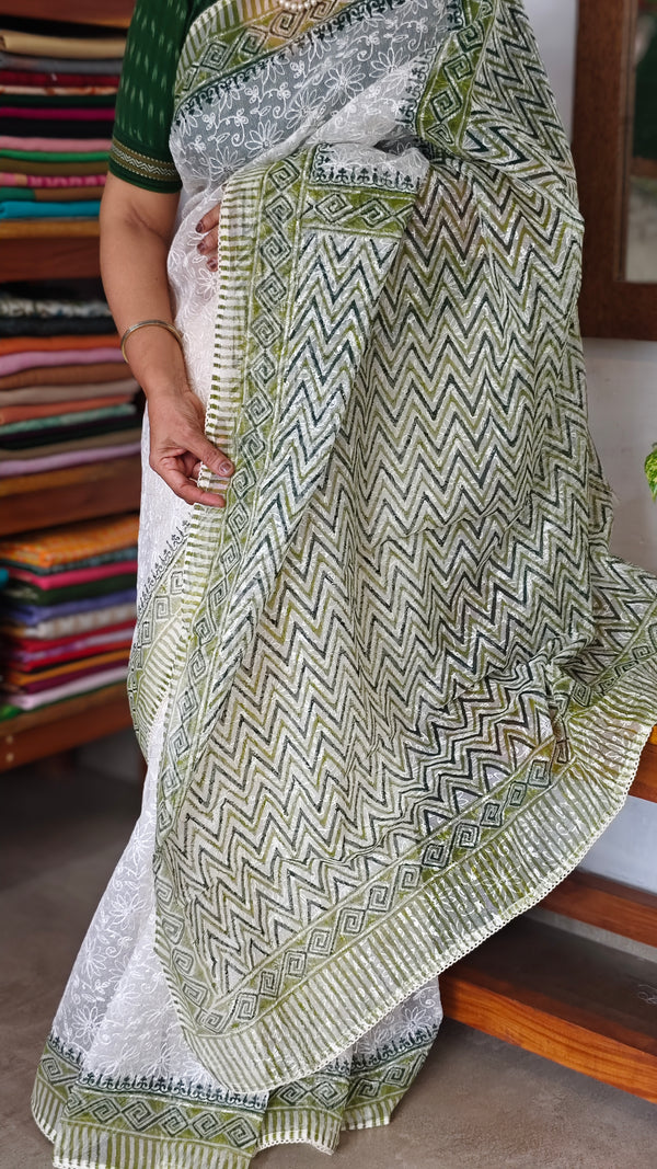 Cream and Green Block Printed Tepchi Kota Saree - B62N