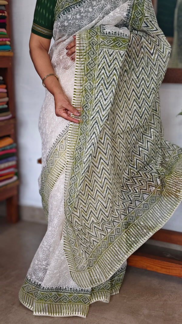 Cream and Green Block Printed Tepchi Kota Saree - B62N