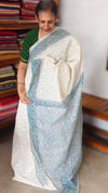 Cream and Blue Block Printed Tepchi Kota Saree - B62N