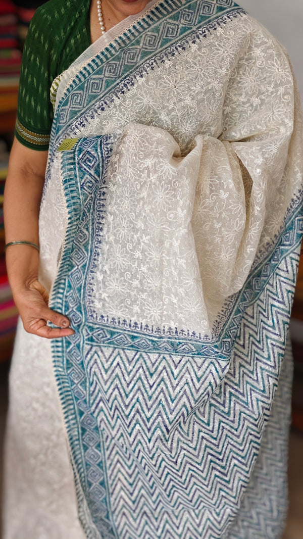 Cream and Blue Block Printed Tepchi Kota Saree - B62N